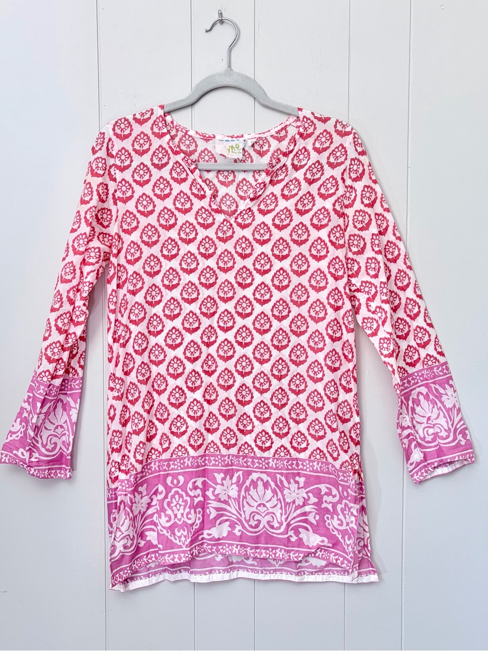 ME Mary Ellen Blockprint Long Sleeve Tunic Top Red Pink White 100% Cotton XS/S
